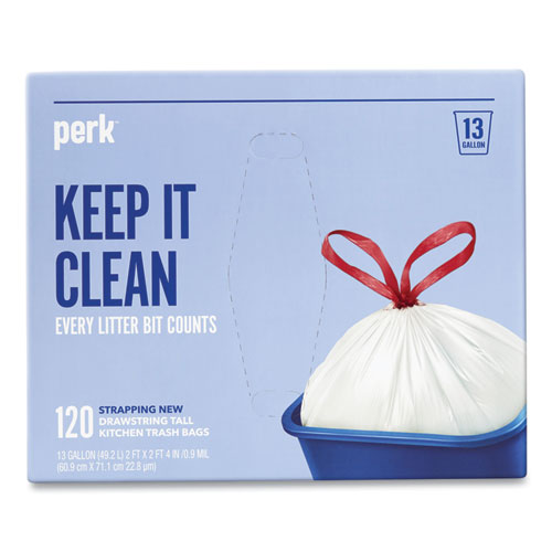 Perk Scented Drawstring Tall Kitchen Trash Bags | 13 Gal | 0.9 Mil | 28 x 24 | White | 100/Box