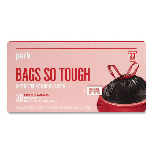 Perk™ Drawstring Heavy-Duty Trash Bags, 33 Gal, 1.1 Mil, 37" X 33", Black, 30/Box