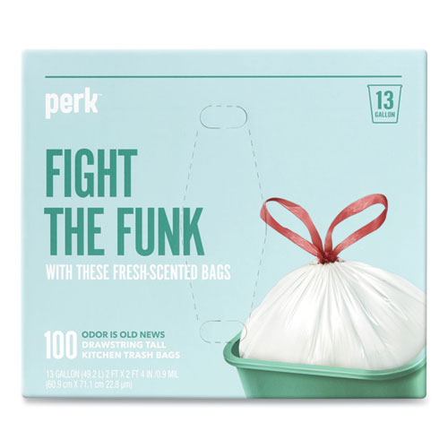 Perk™ Scented Drawstring Tall Kitchen Trash Bags, 13 gal, 0.9 mil, 28" x 24", White, 100/Box