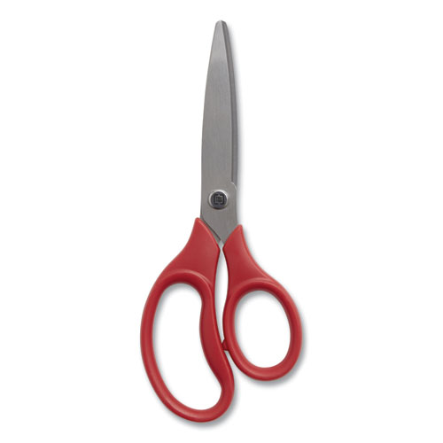 Ambidextrous Stainless Steel Scissors, 7" Long, 3.15" Cut Length, Red Straight Ergonomic Handle