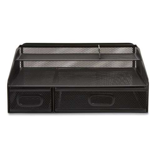 Six Compartment Wire Mesh Accessory Holder, 2 Drawers, 12.91 x 12.01 x 5.43, Black