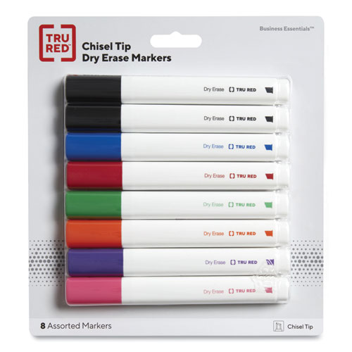 Tru Red™ Dry Erase Marker, Tank-Style, Medium Chisel Tip, Seven Assorted Colors, 8/Pack