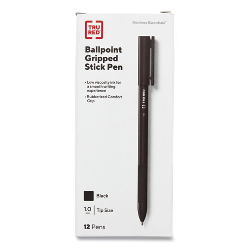 TRU RED™ Gripped Ballpoint Pen, Stick, Medium 1 mm, Black Ink, Black Barrel, Dozen