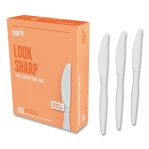Perk™ Heavyweight Plastic Cutlery, Knives, White, 100/Pack