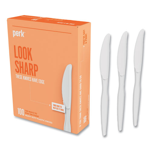 Image of Perk™ Heavyweight Plastic Cutlery, Knives, White, 100/Pack