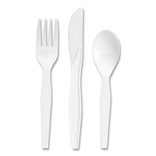 Perk™ Mediumweight Plastic Cutlery, Fork/Knife/Teaspoon, White, 100 Sets/Pack
