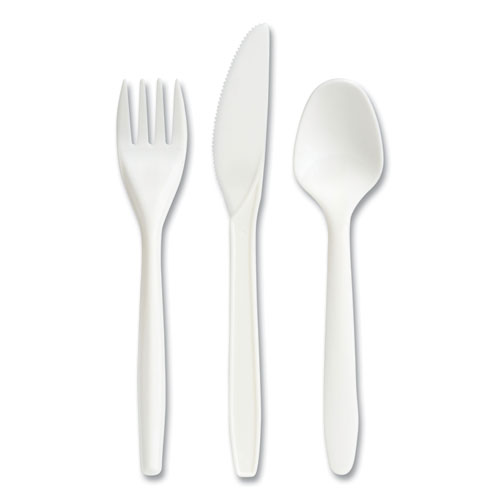Perk™ Eco-Id Mediumweight Compostable Cutlery, Fork/Knife/Teaspoon, White, 120 Sets/Pack