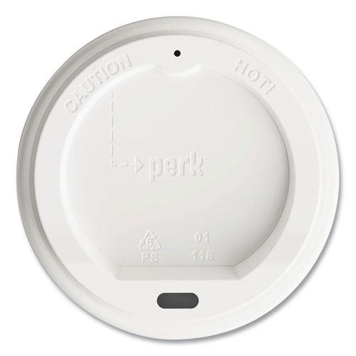 Image of Perk™ Plastic Hot Cup Lids, Fits 10 Oz, 12 Oz, 16 Oz Cups, White, 50/Pack