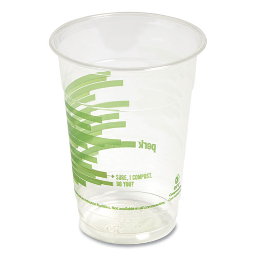 Image of Perk™ Eco-Id Compostable Pla Corn Plastic Cold Cups, 16 Oz, Clear/Green, 50/Pack, 6 Packs/Carton