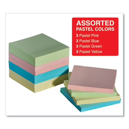 Image of Self-Stick Note Pads, 3" x 3", Assorted Pastel Colors, 100 Sheets/Pad, 12 Pads/Pack
