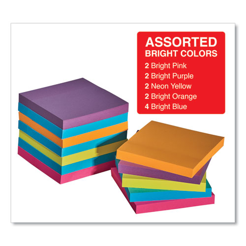 Image of Self-Stick Note Pads, 3" x 3", Assorted Bright Colors, 100 Sheets/Pad, 12 Pads/Pack