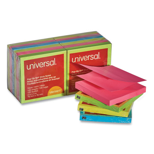 Universal® Fan-Folded Self-Stick Pop-Up Note Pads, 3" X 3", Assorted Neon Colors, 100 Sheets/Pad, 12 Pads/Pack