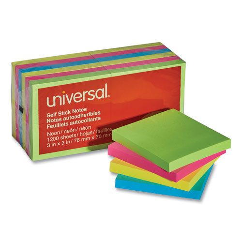 Image of Self-Stick Note Pads, 3" x 3", Assorted Neon Colors, 100 Sheets/Pad, 12 Pads/Pack