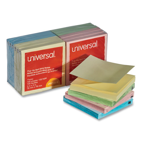 Image of Universal® Fan-Folded Self-Stick Pop-Up Note Pads, 3" X 3", Assorted Pastel Colors, 100 Sheets/Pad, 12 Pads/Pack