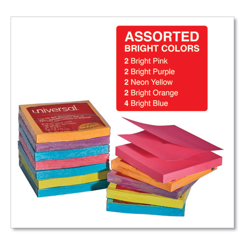 Image of Fan-Folded Self-Stick Pop-Up Note Pads, 3" x 3", Assorted Bright Colors, 100 Sheets/Pad, 12 Pads/Pack
