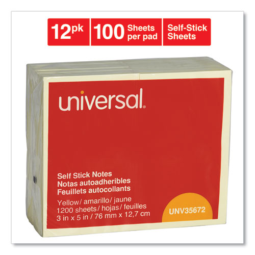 Image of Universal® Self-Stick Note Pads, 3" X 5", Yellow, 100 Sheets/Pad, 12 Pads/Pack