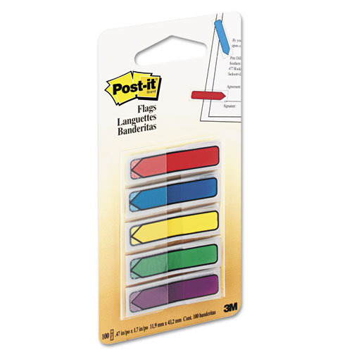 Image of Post-It® Flags Arrow 0.5" Page Flags, Blue/Green/Purple/Red/Yellow, 20/Color, 100/Pack