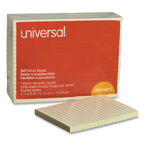 Universal® Self-Stick Note Pads, Note Ruled, 4" X 6", Yellow, 100 Sheets/Pad, 12 Pads/Pack