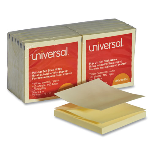 Image of Universal® Fan-Folded Self-Stick Pop-Up Note Pads, 3" X 3", Yellow, 100 Sheets/Pad, 12 Pads/Pack