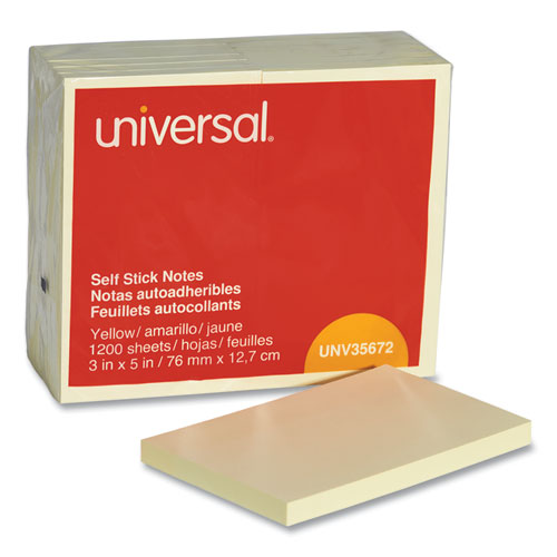 Universal® Self-Stick Note Pads, 3" X 5", Yellow, 100 Sheets/Pad, 12 Pads/Pack