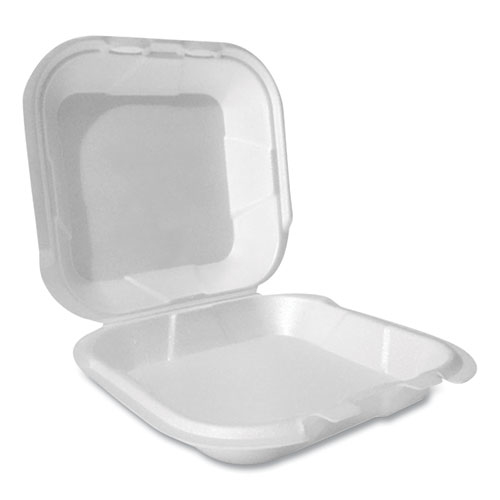 Image of Foam Hinged Lid Container, Secure Two Tab Latch, Poly Bag, 8 x 8.56 x 2.76, White, 100/Sleeve, 2 Sleeves/Bag, 1 Bag/Pack