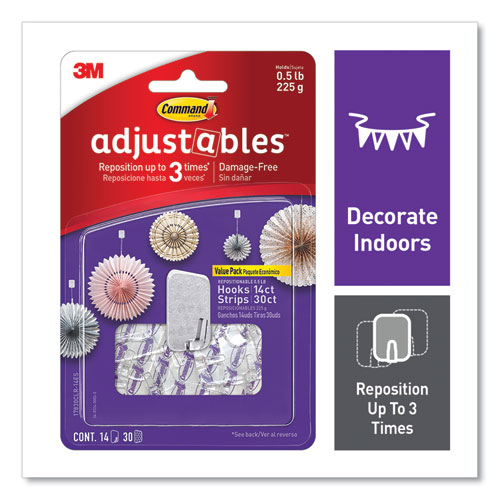 Adjustables Repositionable Mini Hooks, Plastic, White, 0.5 lb Capacity, 14 Hooks and 30 Strips
