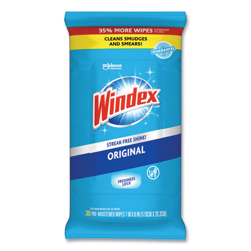 Image of Windex® Glass And Surface Wet Wipe, Cloth, 7 X 8, Unscented, White, 38/Pack, 12 Packs/Carton