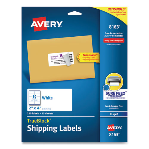 Avery® Shipping Labels w/ TrueBlock Technology, Inkjet Printers, 2 x 4, White, 10/Sheet, 25 Sheets/Pack