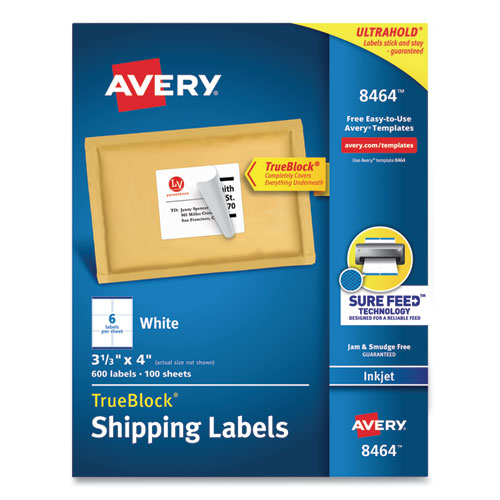 Avery® Shipping Labels w/ TrueBlock Technology, Inkjet Printers, 3.33 x 4, White, 6/Sheet, 100 Sheets/Box