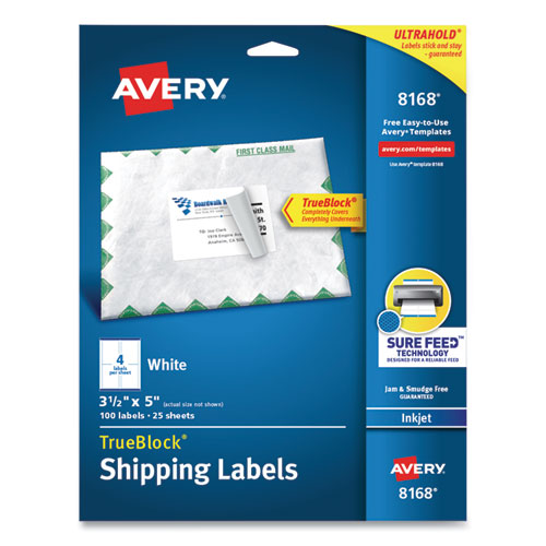 Avery® Shipping Labels w/ TrueBlock Technology, Inkjet Printers, 3.5 x 5, White, 4/Sheet, 25 Sheets/Pack
