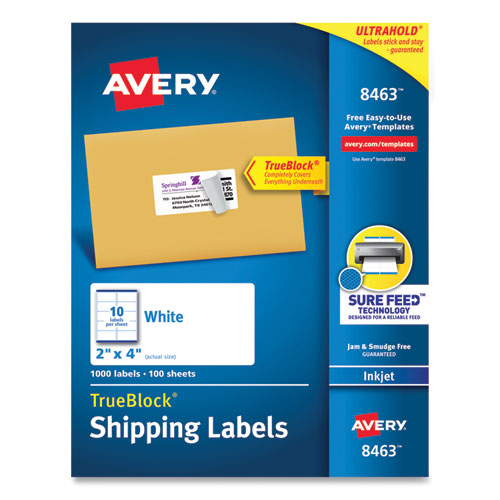 Image of Avery® Shipping Labels W/ Trueblock Technology, Inkjet Printers, 2 X 4, White, 10/Sheet, 100 Sheets/Box