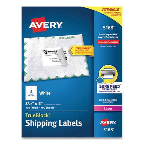 Avery® Shipping Labels w/ TrueBlock Technology, Laser Printers, 3.5 x 5, White, 4/Sheet, 100 Sheets/Box