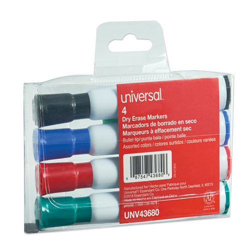 Universal™ Dry Erase Marker, Medium Bullet Tip, Assorted Colors, 4/Set