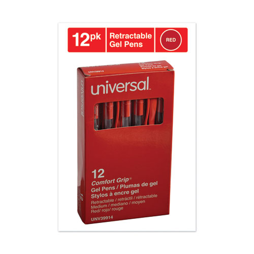 Image of Universal™ Comfort Grip Gel Pen, Retractable, Medium 0.7 Mm, Red Ink, Translucent Red Barrel, Dozen