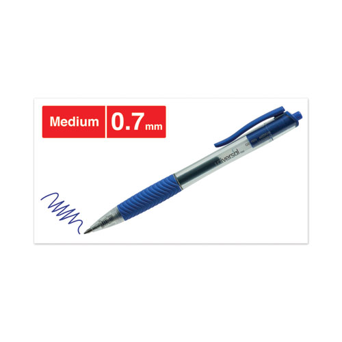 Image of Universal™ Comfort Grip Gel Pen, Retractable, Medium 0.7 Mm, Blue Ink, Translucent Blue Barrel, Dozen