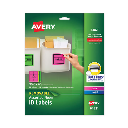 HIGH-VIS REMOVABLE LASER/INKJET ID LABELS W/ SURE FEED, 3 1/3 X 4, NEON, 72/PK
