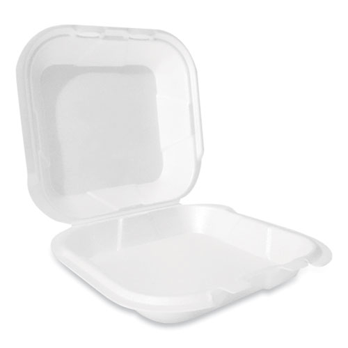 Image of Foam Hinged Lid Container, Secure Two Tab Latch, Poly Bag, 9 x 9 x 3, White, 100/Bag, 2 Bags/Carton