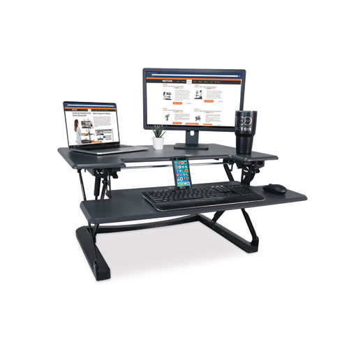 Victor® High Rise Height Adjustable Standing Desk with Keyboard Tray, 36" x 31.25" x 5.25" to 20", Gray/Black