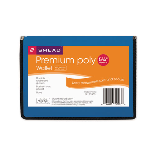 Smead™ Poly Premium Wallets, 5.25" Expansion, 1 Section, Elastic Cord Closure, Letter Size, Navy Blue