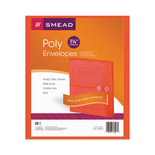 Image of Smead™ Poly String And Button Interoffice Envelopes, Open-Side (Horizontal), 9.75 X 11.63, Transparent Red, 5/Pack