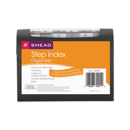 Image of Smead™ Step Index Organizer, 12 Sections, Cord/Hook Closure, 1/6-Cut Tabs, Letter Size, Black