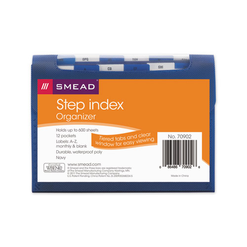 Smead™ Step Index Organizer, 12 Sections, Cord/Hook Closure, 1/6-Cut Tabs, Letter Size, Navy