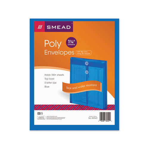 Image of Smead™ Poly String And Button Interoffice Envelopes, Open-End (Vertical), 9.75 X 11.63, Transparent Blue, 5/Pack