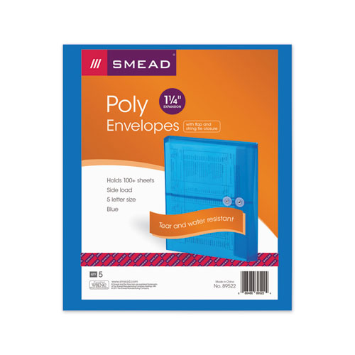 Poly String & Button Interoffice Envelopes, String & Button Closure, 9.75 x 11.63, Transparent Blue, 5/Pack