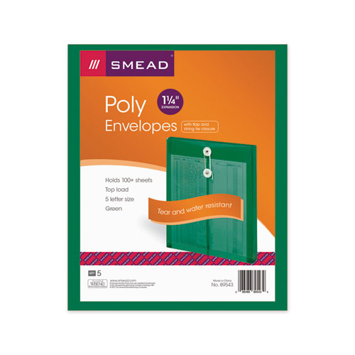 Poly String and Button Interoffice Envelopes, Open-End (Vertical), 9.75 x 11.63, Transparent Green, 5/Pack