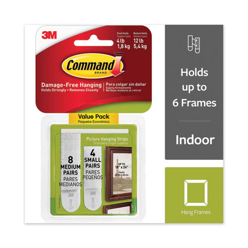 Image of Command™ Picture Hanging Strips, Value Pack, Removable, (4) Small 0.63 X 1.81 And (8) Medium 0.75 X 2.75, White, 12 Pairs/Pack