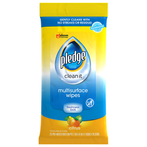Pledge® Multi-Surface Cleaner Wet Wipes, Cloth, 7 x 10, Fresh Citrus, 25 Wipes