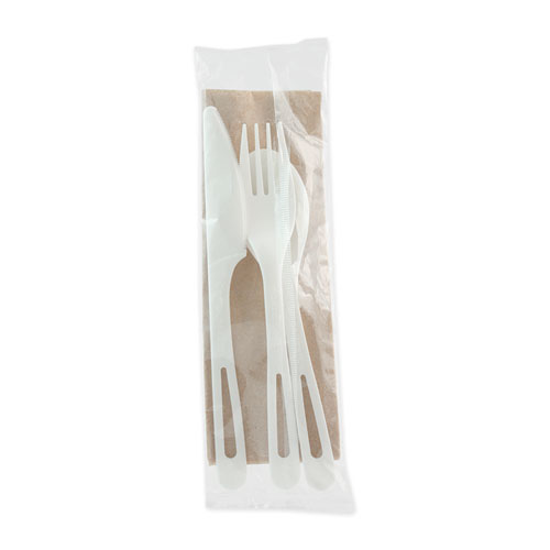 TPLA Compostable Cutlery, Knife/Fork/Spoon/Napkin, 6, White, 250/Carton