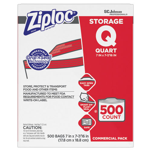 Double Zipper Storage Bags, 1 qt, 1.75 mil, 7" x 7.75", Clear, 500/Box