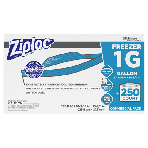 Ziploc® Double Zipper Freezer Bags, 1 gal, 2.7 mil, 10.56" x 10.75", Clear, 250/Carton